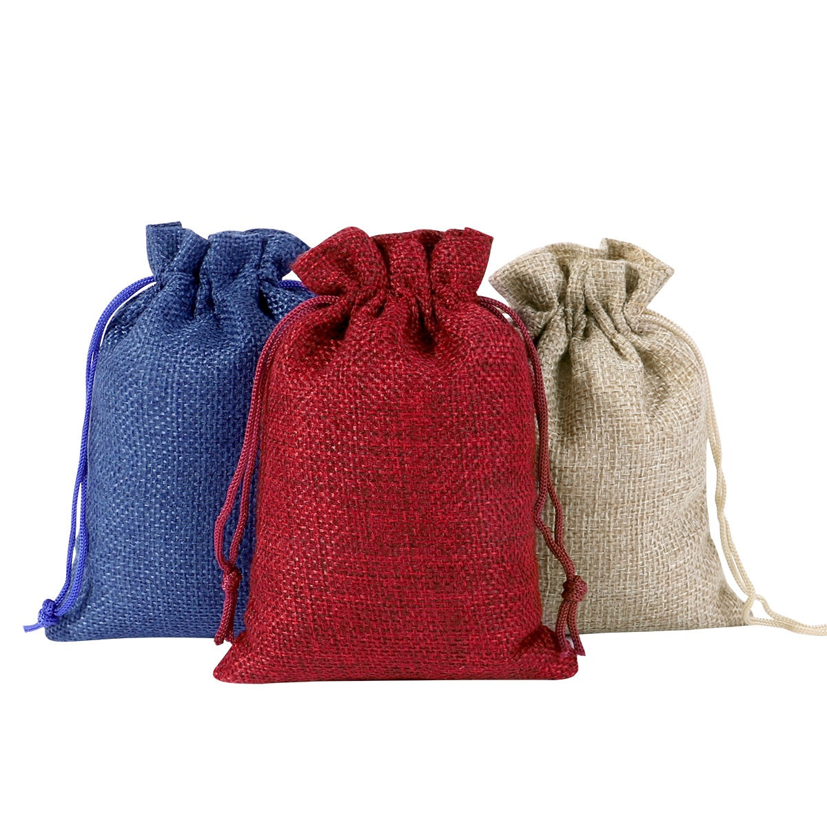 Set of linen drawstring Christmas gift bags with clips and stickers