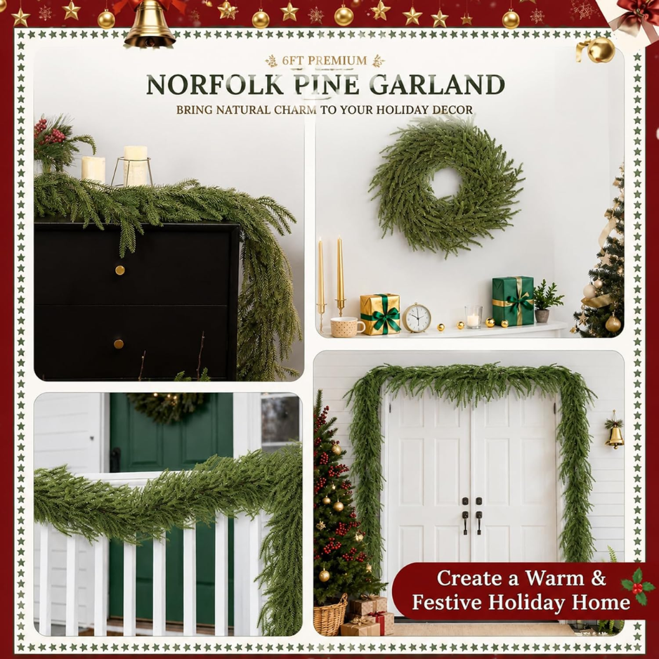 Green 6-foot Norfolk pine Christmas garland arranged on a white surface