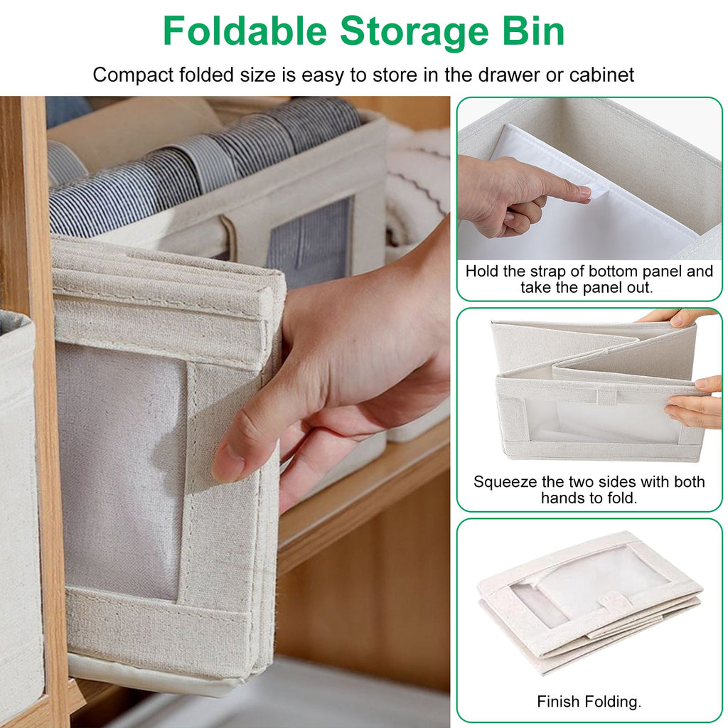 Four foldable linen storage bins with clear windows arranged on a shelf