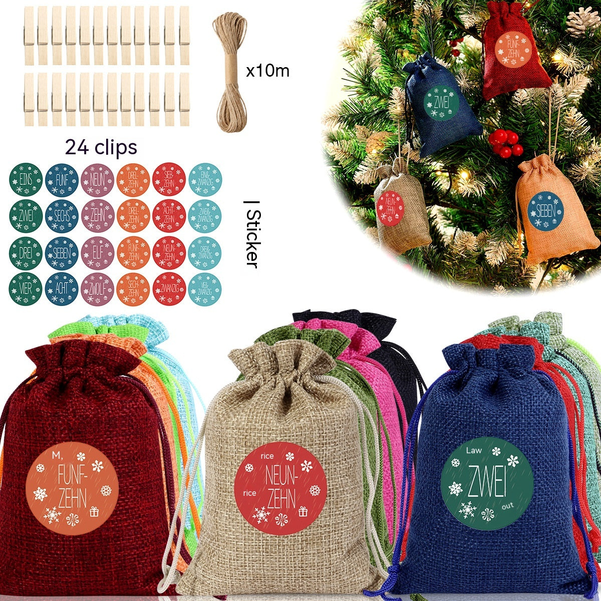Set of linen drawstring Christmas gift bags with clips and stickers