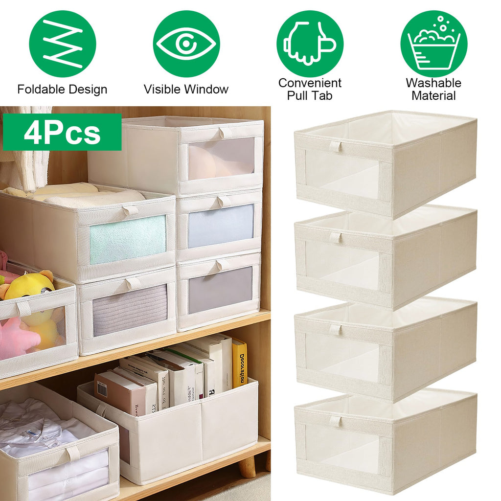 Four foldable linen storage bins with clear windows arranged on a shelf