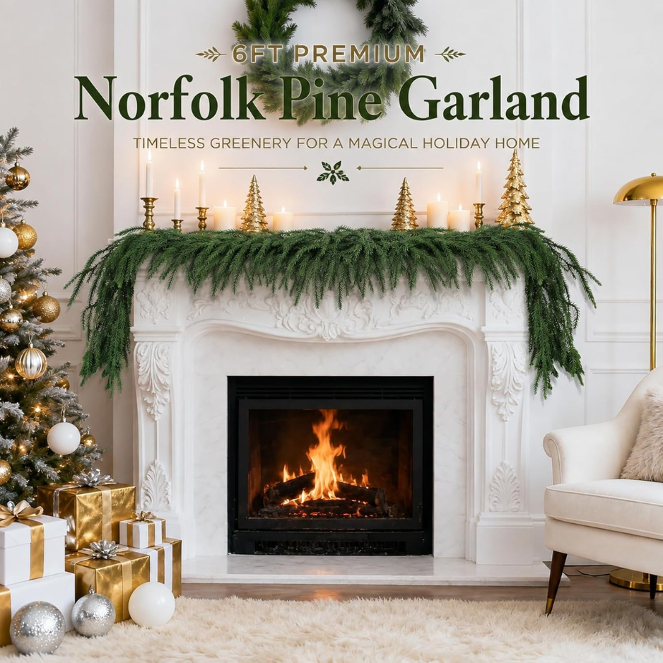 Green 6-foot Norfolk pine Christmas garland arranged on a white surface