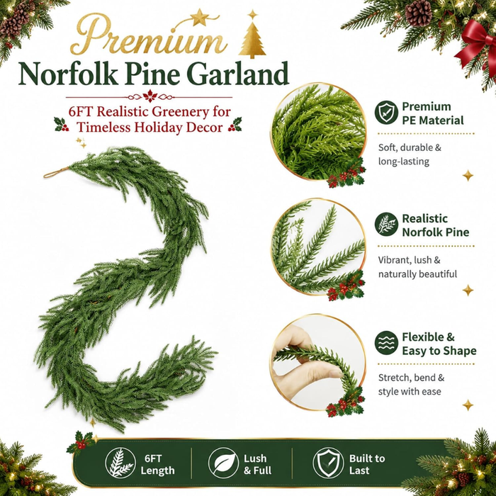 Green 6-foot Norfolk pine Christmas garland arranged on a white surface