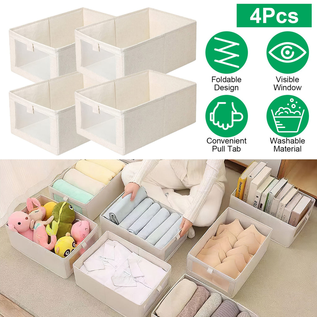 Four foldable linen storage bins with clear windows arranged on a shelf