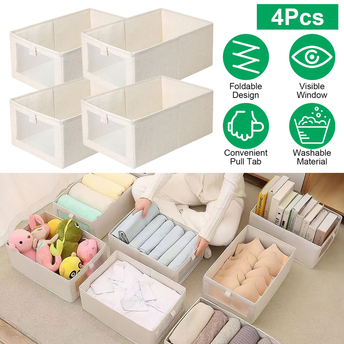 Four foldable linen storage bins with clear windows arranged on a shelf
