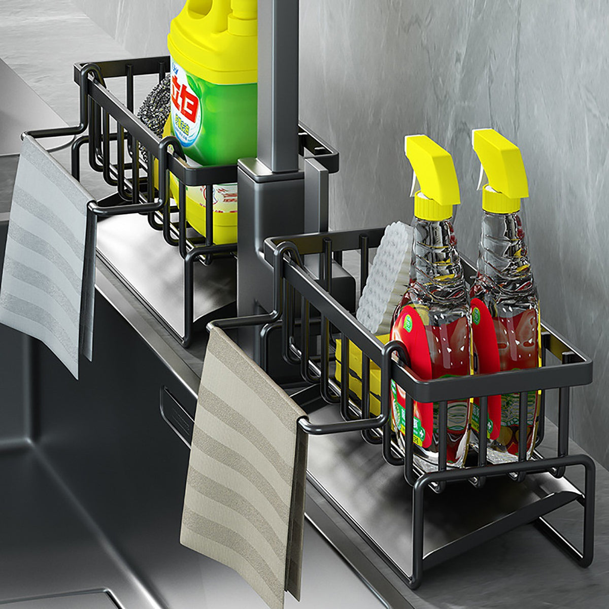Kitchen sink caddy basket holding a sponge and folded dishcloth
