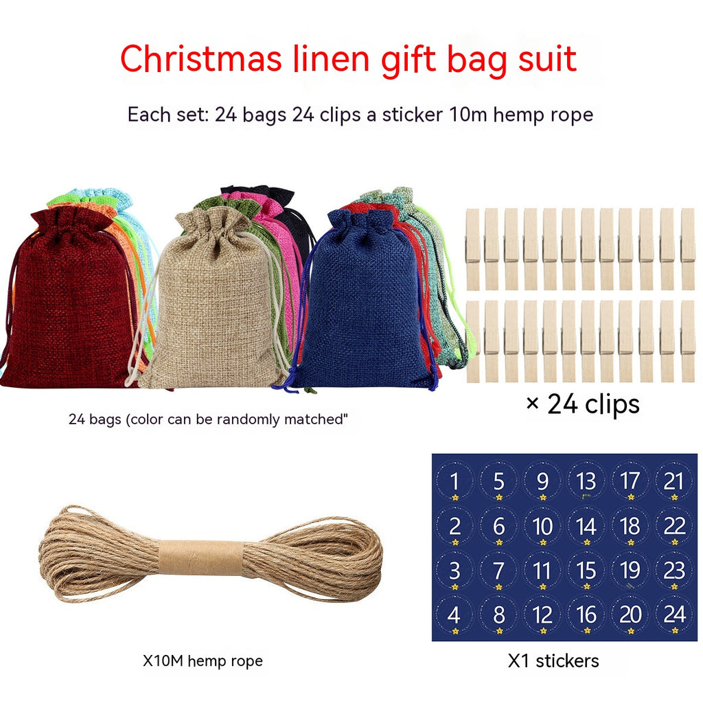 Set of linen drawstring Christmas gift bags with clips and stickers