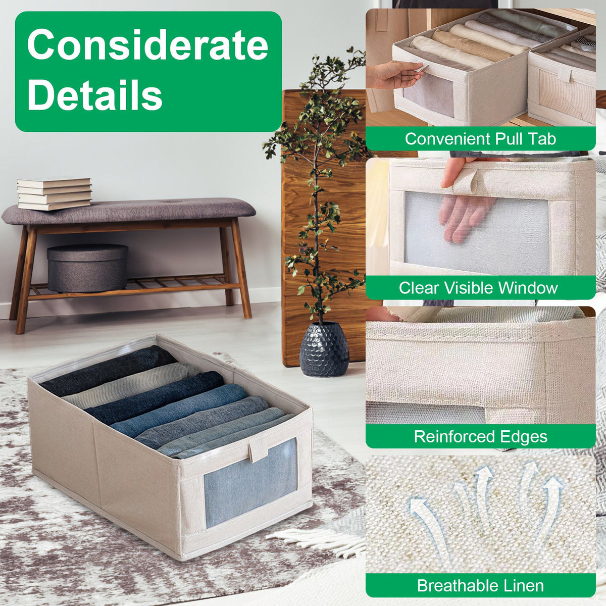 Four foldable linen storage bins with clear windows arranged on a shelf
