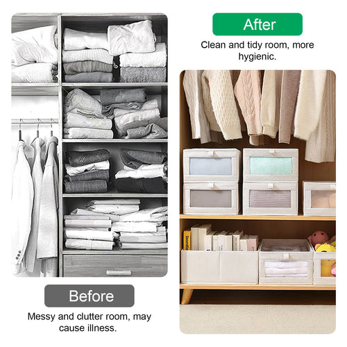 Four foldable linen storage bins with clear windows arranged on a shelf
