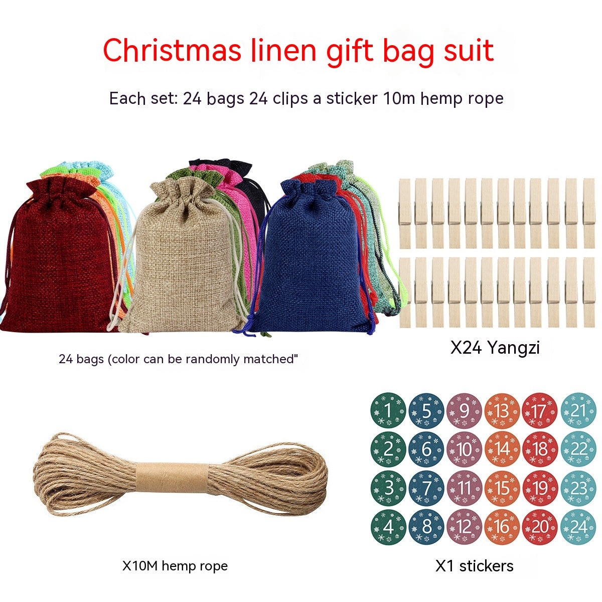Set of linen drawstring Christmas gift bags with clips and stickers