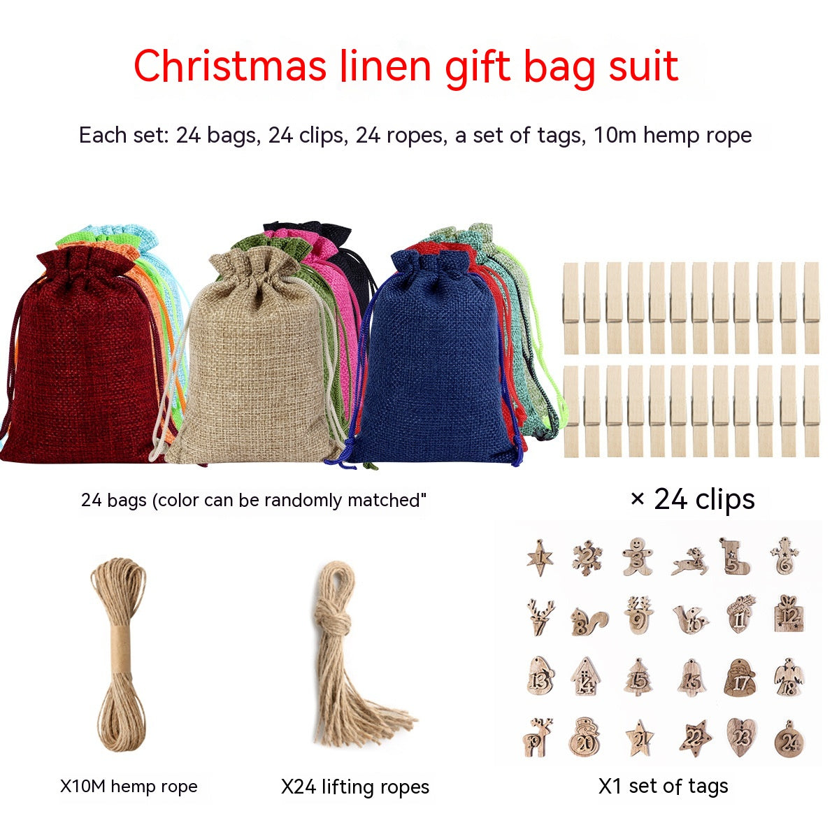 Set of linen drawstring Christmas gift bags with clips and stickers
