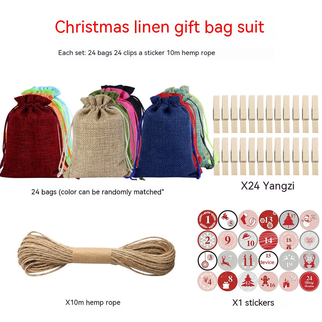 Set of linen drawstring Christmas gift bags with clips and stickers