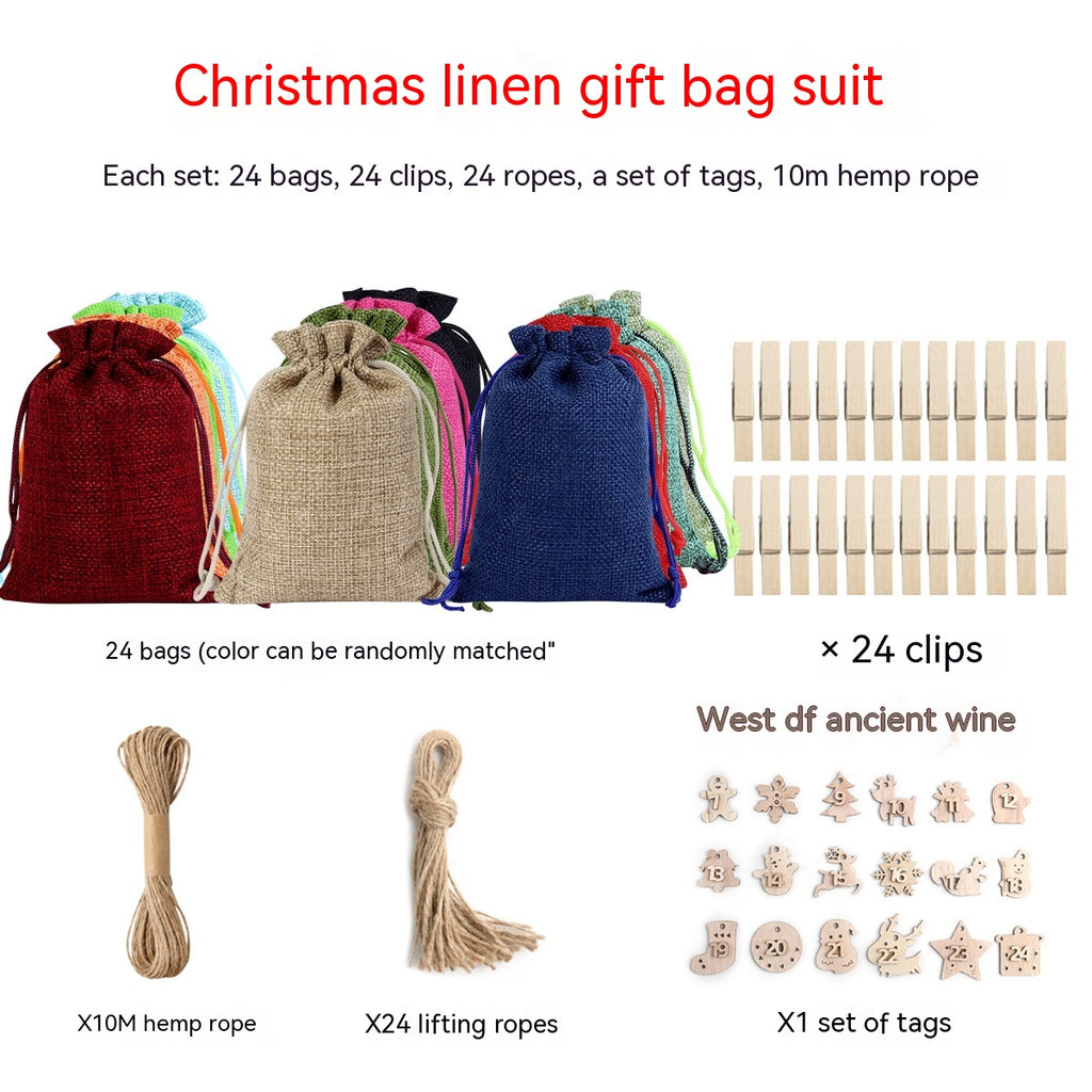 Set of linen drawstring Christmas gift bags with clips and stickers